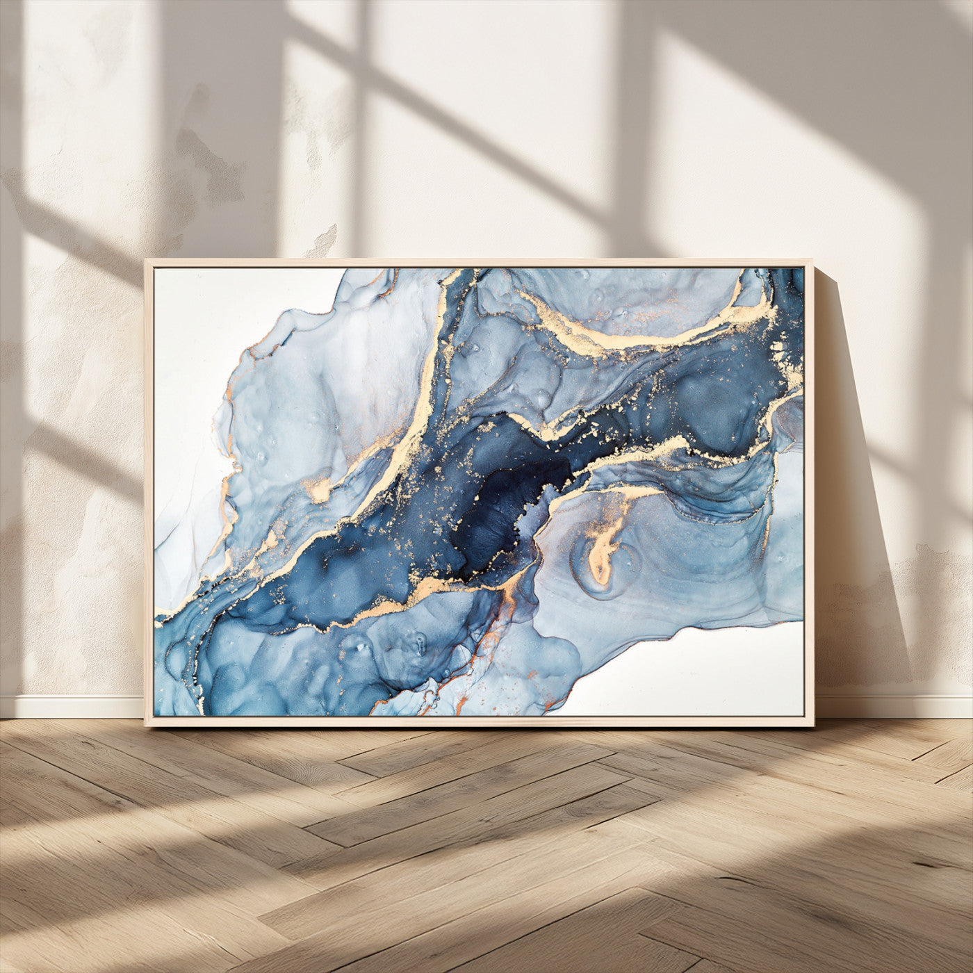 33782-MGV-CV-36X24-Abstract Marble Wall Art – Blue & Gold Fluid Painting Canvas Print, Modern Home Decor for Living Room, Bedroom or Office