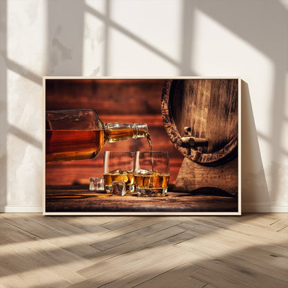 21266-MGV-CV-36X24-Pouring Whiskey into Glasses with Ice – Rustic Wooden Barrel Background, Warm Ambient Lighting, Ideal Decor for Home or Office