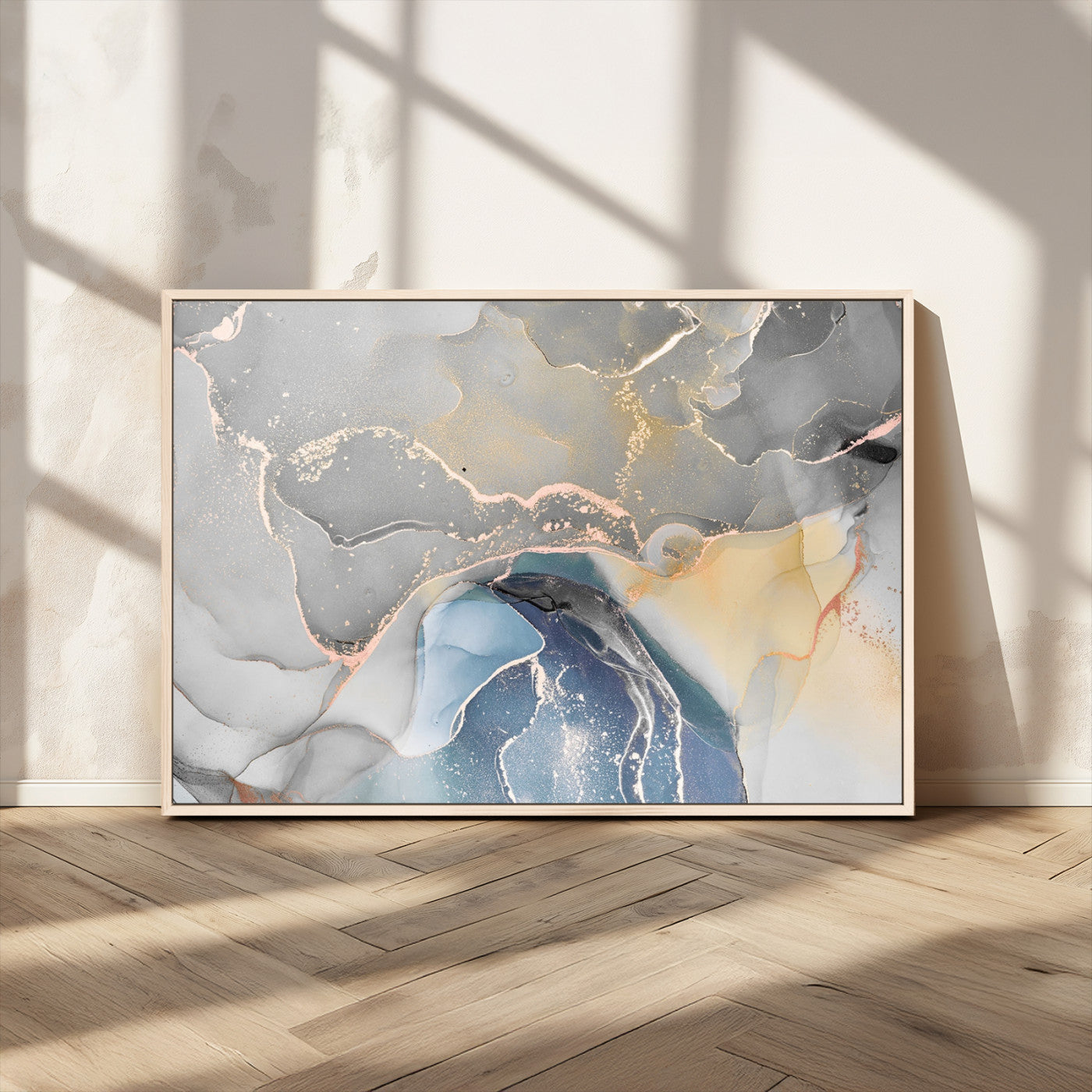 63211-MGV-CV-36X24-Abstract Fluid Art Wall Decor – Blue, Gray & Gold Canvas Print, Modern Home and Office Wall Art Decor for Living Room, Bedroom or