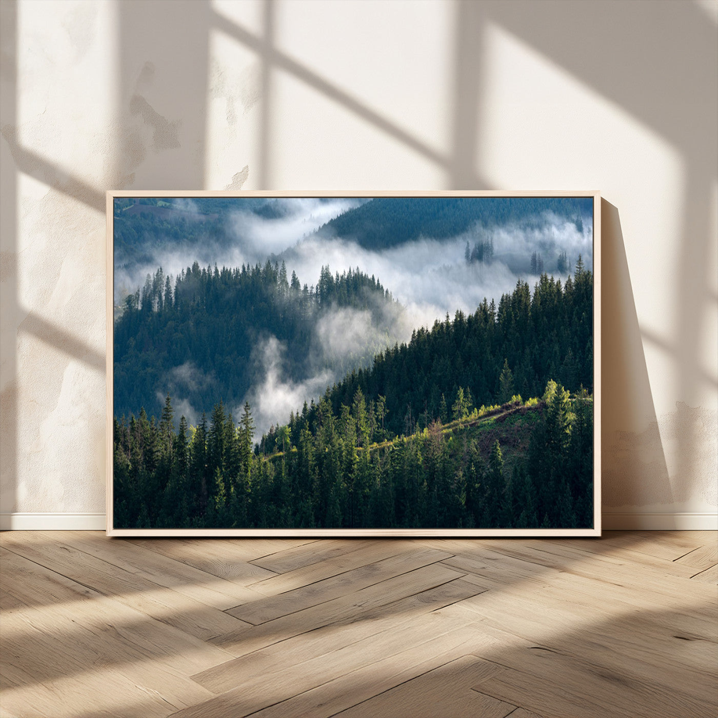 55972-MGV-CV-36X24-Whispering Pines Wall Art – Panoramic Misty Forest Canvas Print, Serene Nature Decor for Home, Office or Cabin Retreat