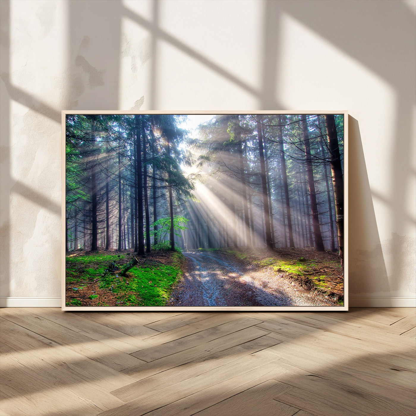 42047-MGV-CV-36X24-Sunlit Forest Path Wall Art – Nature Canvas Print, Serene Woodland Landscape, Perfect Home & Office Decor for Calm and Tranquil