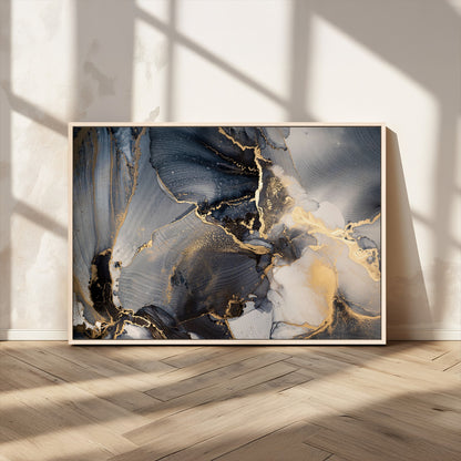 24068-MGV-CV-36X24-Luxury Abstract Wall Art – Gold & Gray Fluid Ink Painting Canvas, Modern Metallic Home Decor, Elegant Office or Living Room Accent