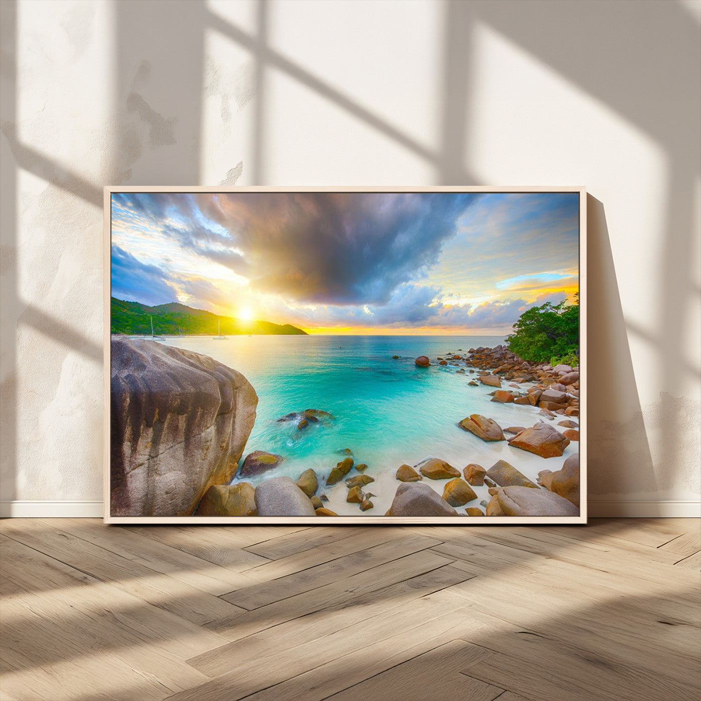 23769-MGV-CV-36X24-Tropical Beach Sunset Wall Art – Ocean Waves and Rocky Shore Canvas Print, Coastal Seascape Photography Decor