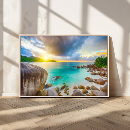 23769-MGV-CV-36X24-Tropical Beach Sunset Wall Art – Ocean Waves and Rocky Shore Canvas Print, Coastal Seascape Photography Decor