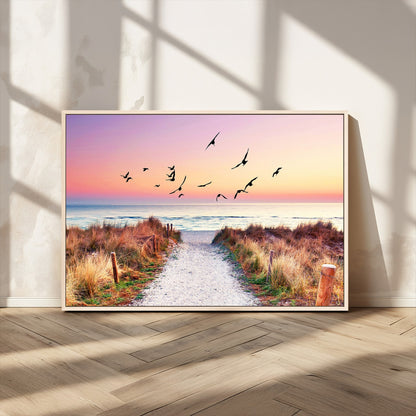 54411-MGV-CV-36X24-Beach Path with Birds Wall Art – Coastal Sunset Ocean Canvas Print, Seaside Nature Landscape Photography for Living Room, Bedroom