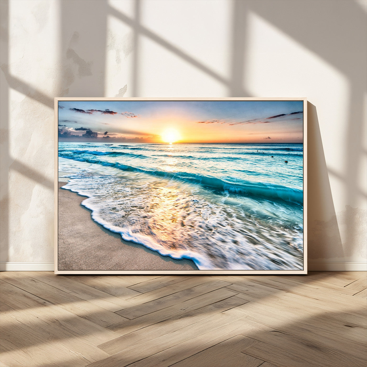27815-MGV-CV-36X24-Ocean Sunrise Beach Wall Art – Serene Coastal Canvas Print with Waves and Golden Morning Light, Relaxing Seascape Decor for