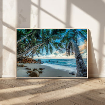 39679-MGV-CV-36X24-Tropical Palm Beach Wall Art – Serene Ocean Canvas Print with Palm Trees and Rocks, Coastal Paradise Decor for Living Room or