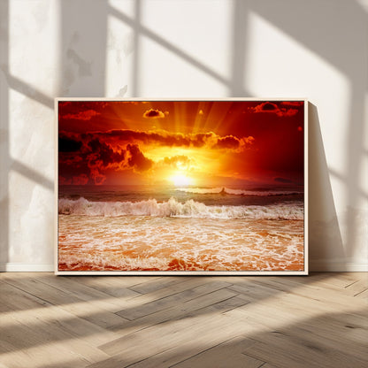 60211-MGV-CV-36X24-Fiery Sunset Ocean Waves Canvas Print – Vibrant Red & Orange Coastal Wall Art, Dramatic Seascape Decor