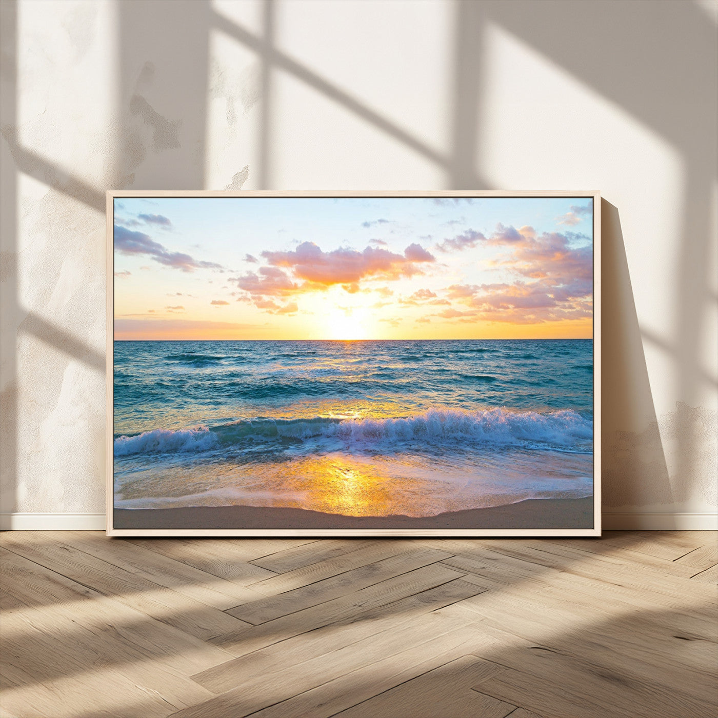 78006-MGV-CV-36X24-Golden Sunrise Ocean Wall Art – Panoramic Beach Waves Canvas Print, Coastal Seascape Artwork for Living Room, Bedroom, Office, or