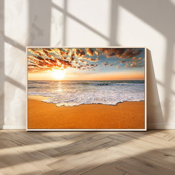 15399-MGV-CV-36X24-Golden Sunrise Beach Wall Art – Ocean Waves on Sandy Shore Canvas Print, Coastal Seascape Decor for Living Room or Bedroom