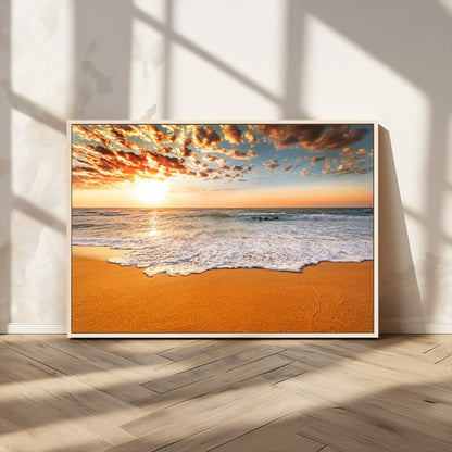 15399-MGV-CV-36X24-Golden Sunrise Beach Wall Art – Ocean Waves on Sandy Shore Canvas Print, Coastal Seascape Decor for Living Room or Bedroom