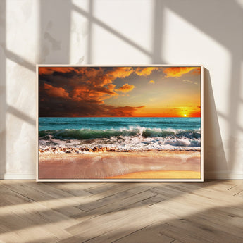 72948-MGV-CV-36X24-Ocean Sunset Wave Wall Art – Dramatic Seascape Canvas Print with Golden Sky and Crashing Waves, Coastal Beach Decor for Living