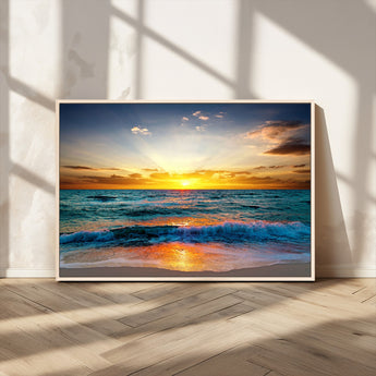 50627-MGV-CV-36X24-Ocean Sunset Wall Art – Serene Beach Canvas Print with Waves and Golden Sky, Coastal Decor for Living Room or Office