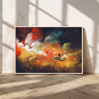 45085-MGV-CV-36X24-Surreal Cosmic Wall Art – Abstract Galaxy Dreamscape Canvas Print with Man and Dog in Boat, Fantasy Nebula Painting for Living
