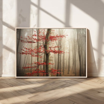 61855-MGV-CV-36X24-Misty Forest Wall Art – Red Tree with Autumn Leaves Canvas Print, Moody Woodland Nature Decor for Living Room, Bedroom, or Office