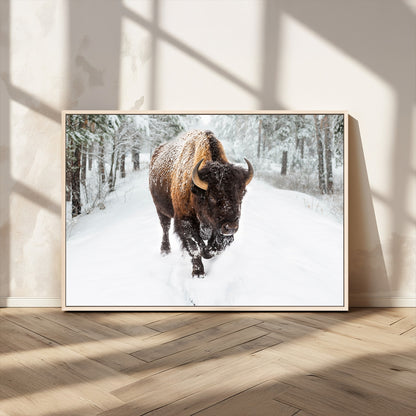 84699-MGV-CV-36X24-Bison in Winter Wall Art – Majestic Buffalo Canvas Print with Snowy Forest Landscape, Rustic Wildlife Artwork for Cabin, Living