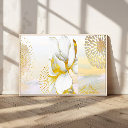 82301-MGV-CV-36X24-Modern Floral Wall Art – White Flower with Gold Detailing Canvas Print, Elegant Abstract Artwork for Living Room, Bedroom, or