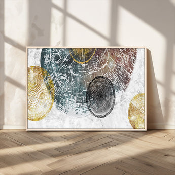 70653-MGV-CV-36X24-Abstract Tree Ring Wall Art – Modern Rustic Wood Slice Canvas Print with Gold Accents, Contemporary Nature Decor for Living Room,