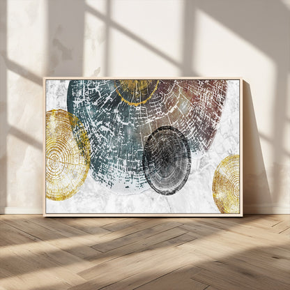 70653-MGV-CV-36X24-Abstract Tree Ring Wall Art – Modern Rustic Wood Slice Canvas Print with Gold Accents, Contemporary Nature Decor for Living Room,