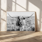 77320-MGV-CV-36X24-Texas Longhorn Wall Art – Black and White Western Cattle Canvas Print, Rustic Farmhouse Animal Photography Decor for Living Room,