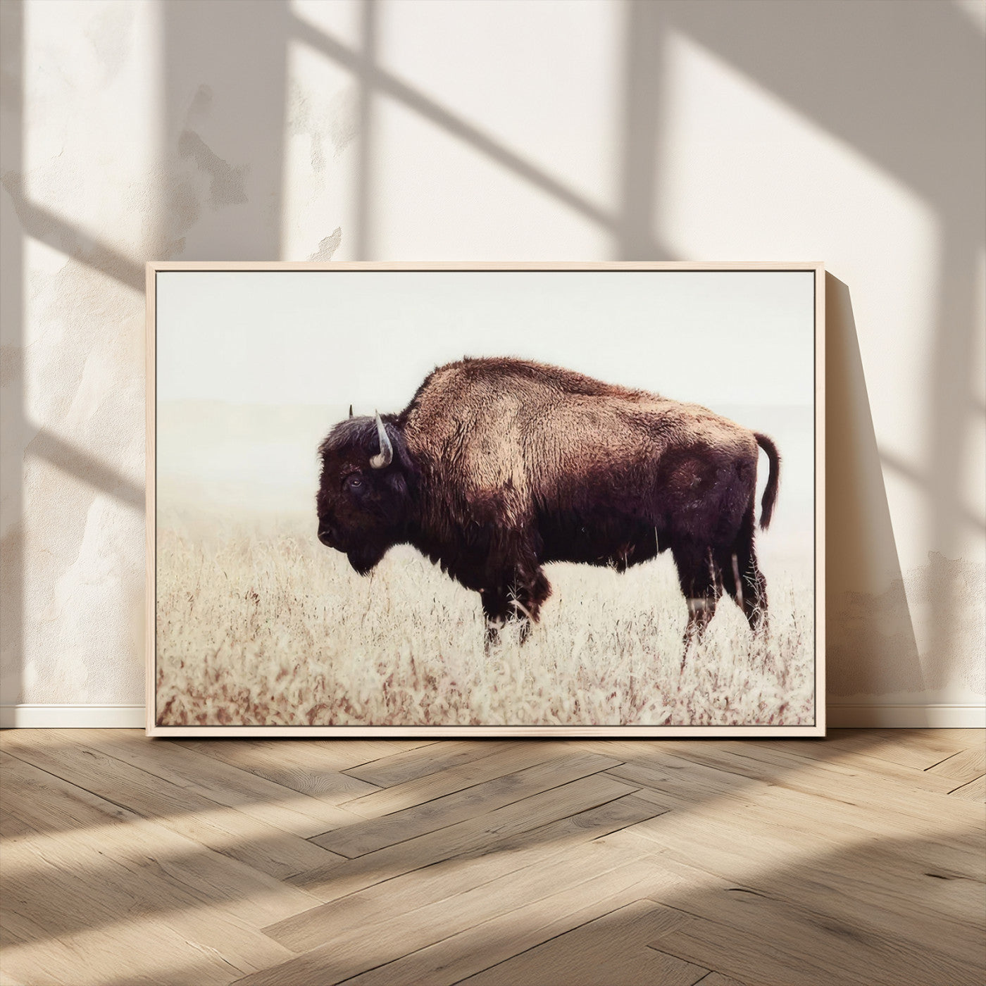 48406-MGV-CV-36X24-American Bison Wall Art – Rustic Buffalo Canvas Print in Prairie Field, Western Wildlife Photography Decor for Cabin, Lodge,