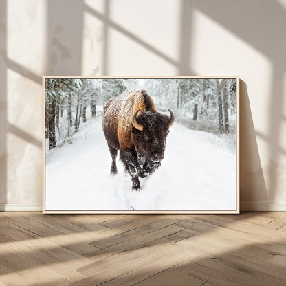 10109-MGV-CV-36X24-Majestic Bison Winter Wall Art – Snowy Forest Buffalo Canvas Print, Rustic Wildlife Photography Decor for Cabin, Lodge, Living