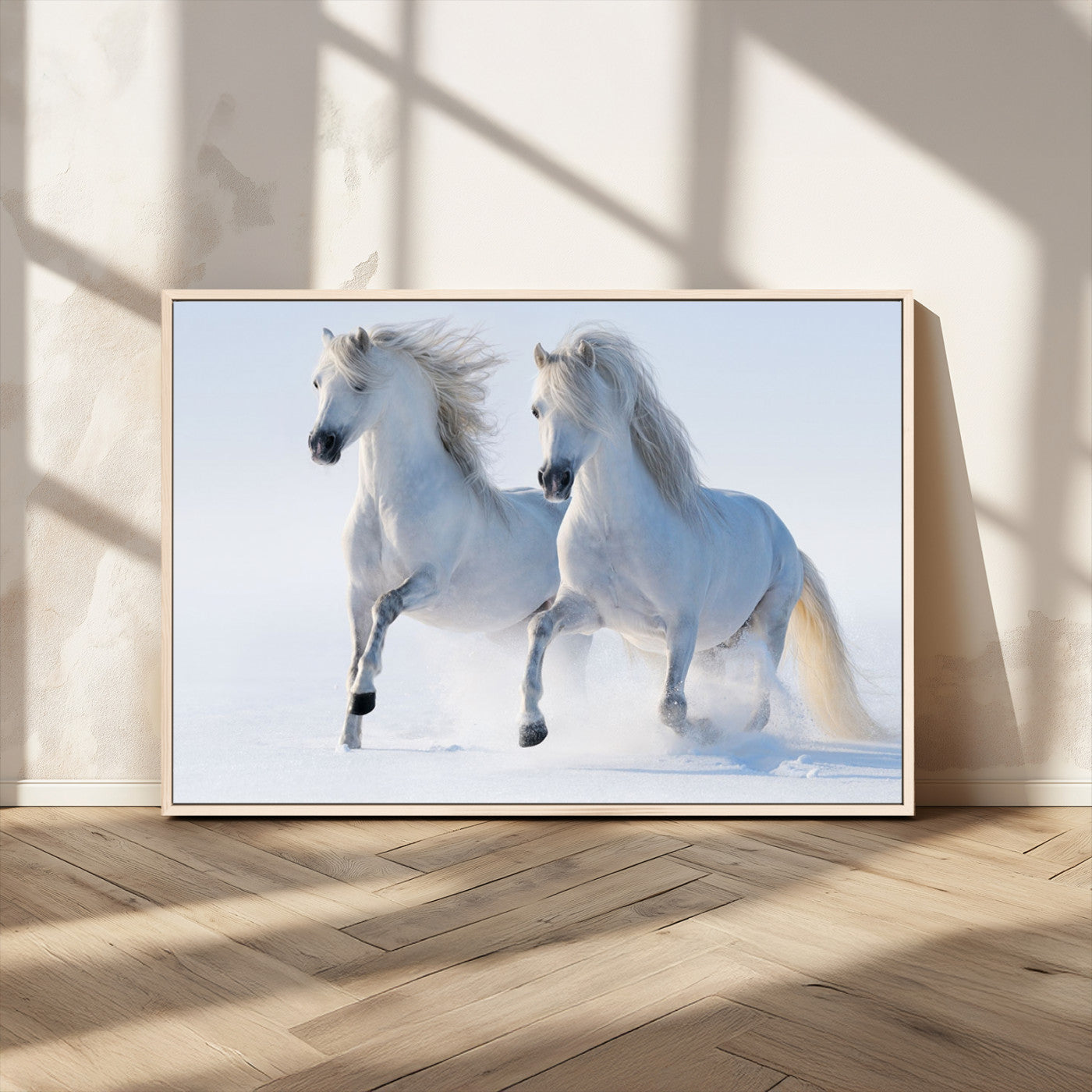 80145-MGV-CV-36X24-White Horses Running Snow Wall Art – Majestic Equine Canvas Print, Winter Nature Photography Decor for Living Room, Office,