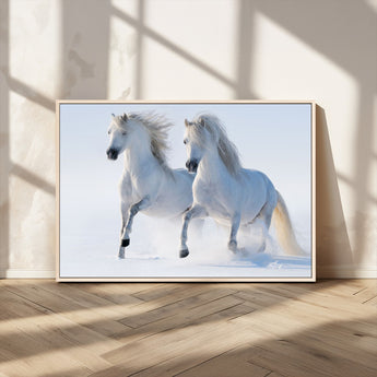 80145-MGV-CV-36X24-White Horses Running Snow Wall Art – Majestic Equine Canvas Print, Winter Nature Photography Decor for Living Room, Office,