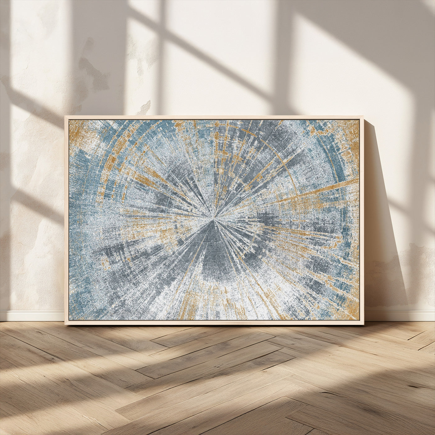 17631-MGV-CV-36X24-Radiant Burst Wall Art – Abstract Sunburst Canvas Print in Blue and Gold, Modern Geometric Painting for Living Room, Office or