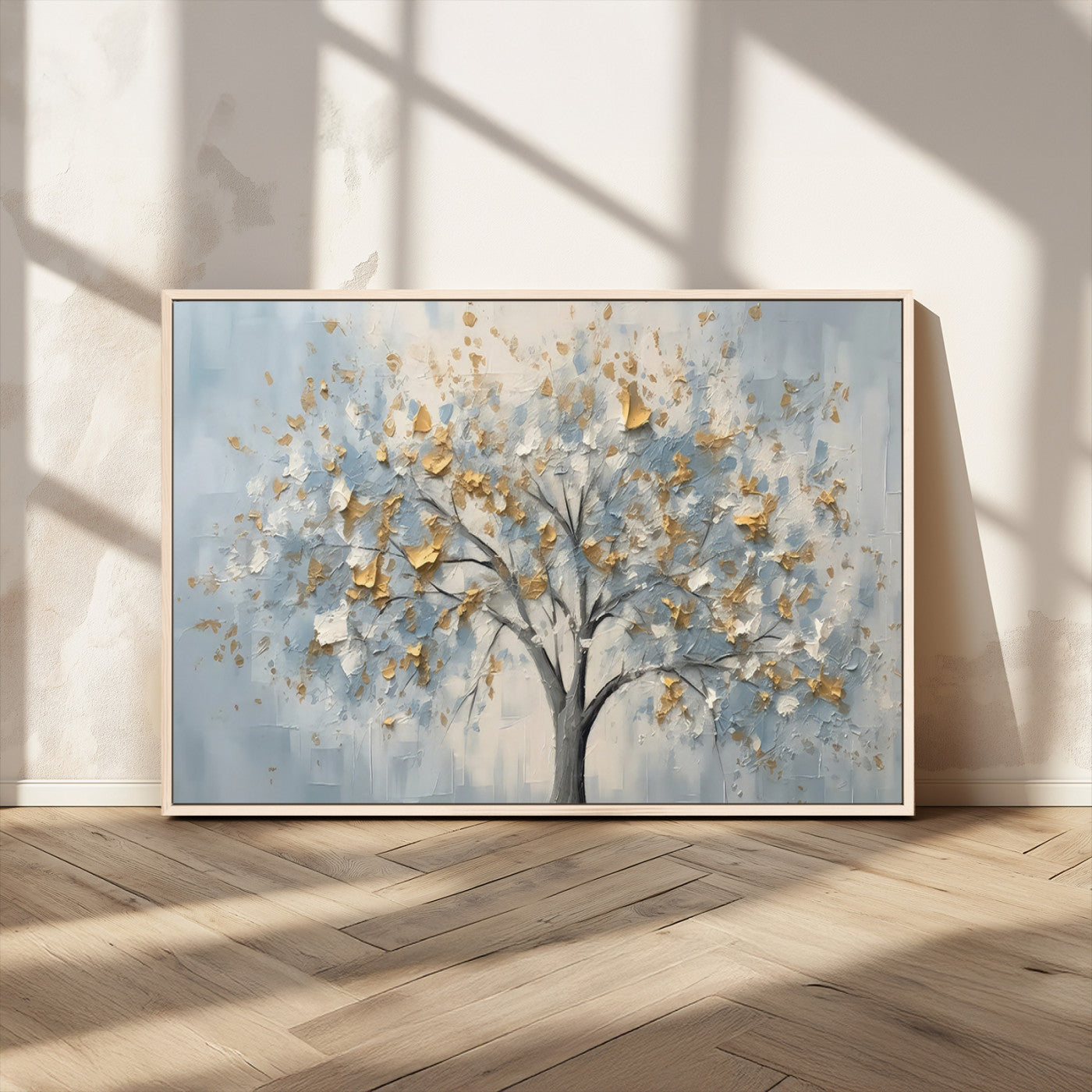 65811-MGV-CV-36X24-Abstract Tree Wall Art – Textured Canvas Painting with Gold and White Leaves, Modern Nature Inspired Decor for Living Room or
