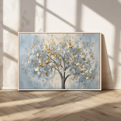 65811-MGV-CV-36X24-Abstract Tree Wall Art – Textured Canvas Painting with Gold and White Leaves, Modern Nature Inspired Decor for Living Room or