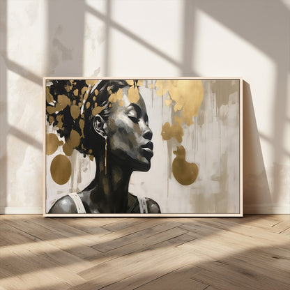 65669-MGV-CV-36X24-Elegant Black Woman Wall Art – Modern Abstract Portrait Canvas with Gold Accents, Contemporary Afrocentric Decor for Living Room