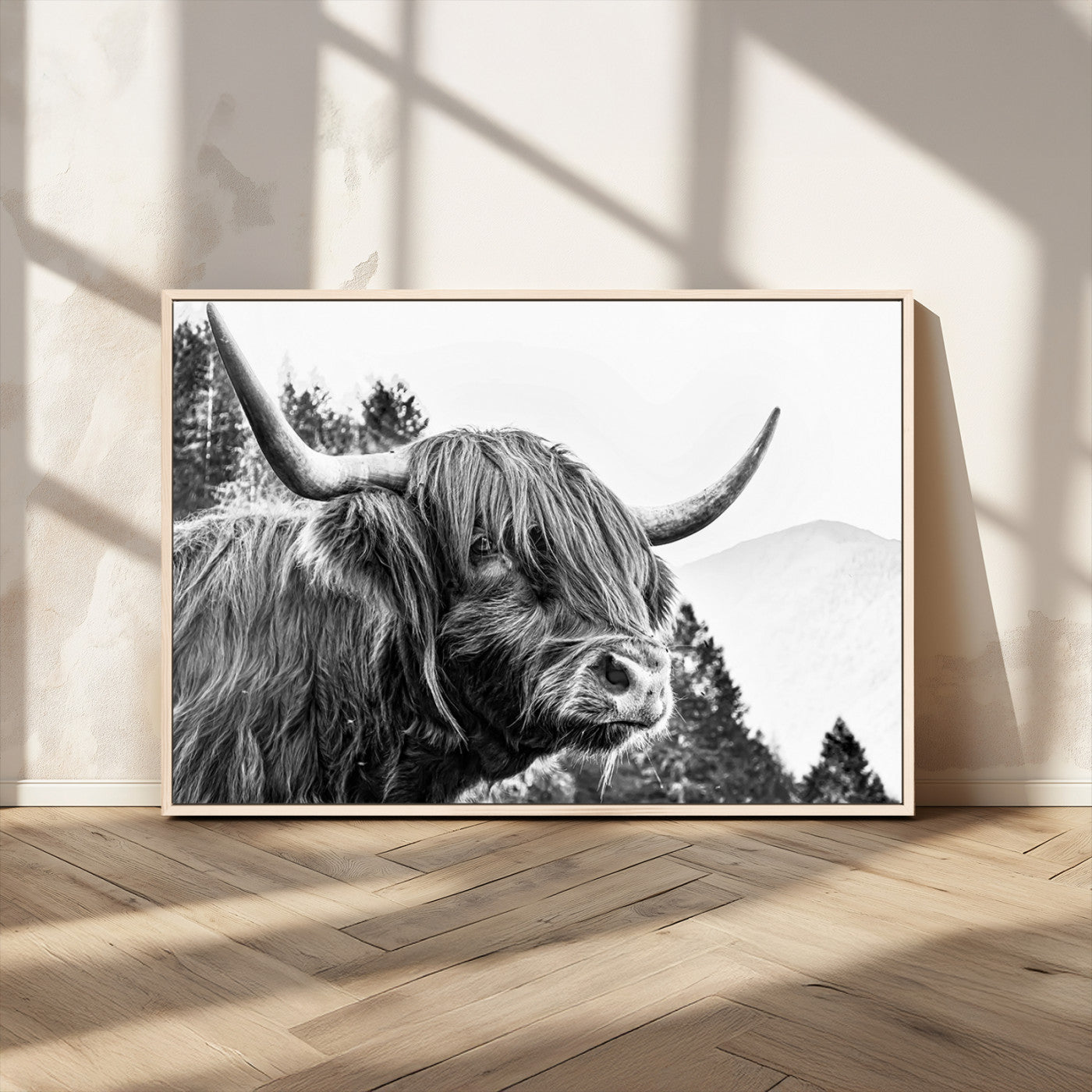 61570-MGV-CV-36X24-Highland Cow Wall Art – Black and White Scottish Bull Canvas Print, Rustic Farmhouse Animal Decor for Living Room, Bedroom, or