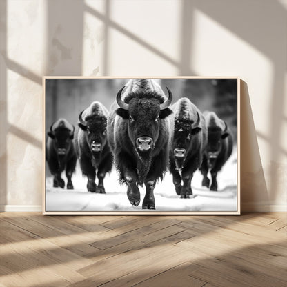 79872-MGV-CV-36X24-Bison Herd Wall Art – Black and White Buffalo on Snow Canvas Print, Rustic Wildlife Decor for Lodge, Cabin, or Living Room
