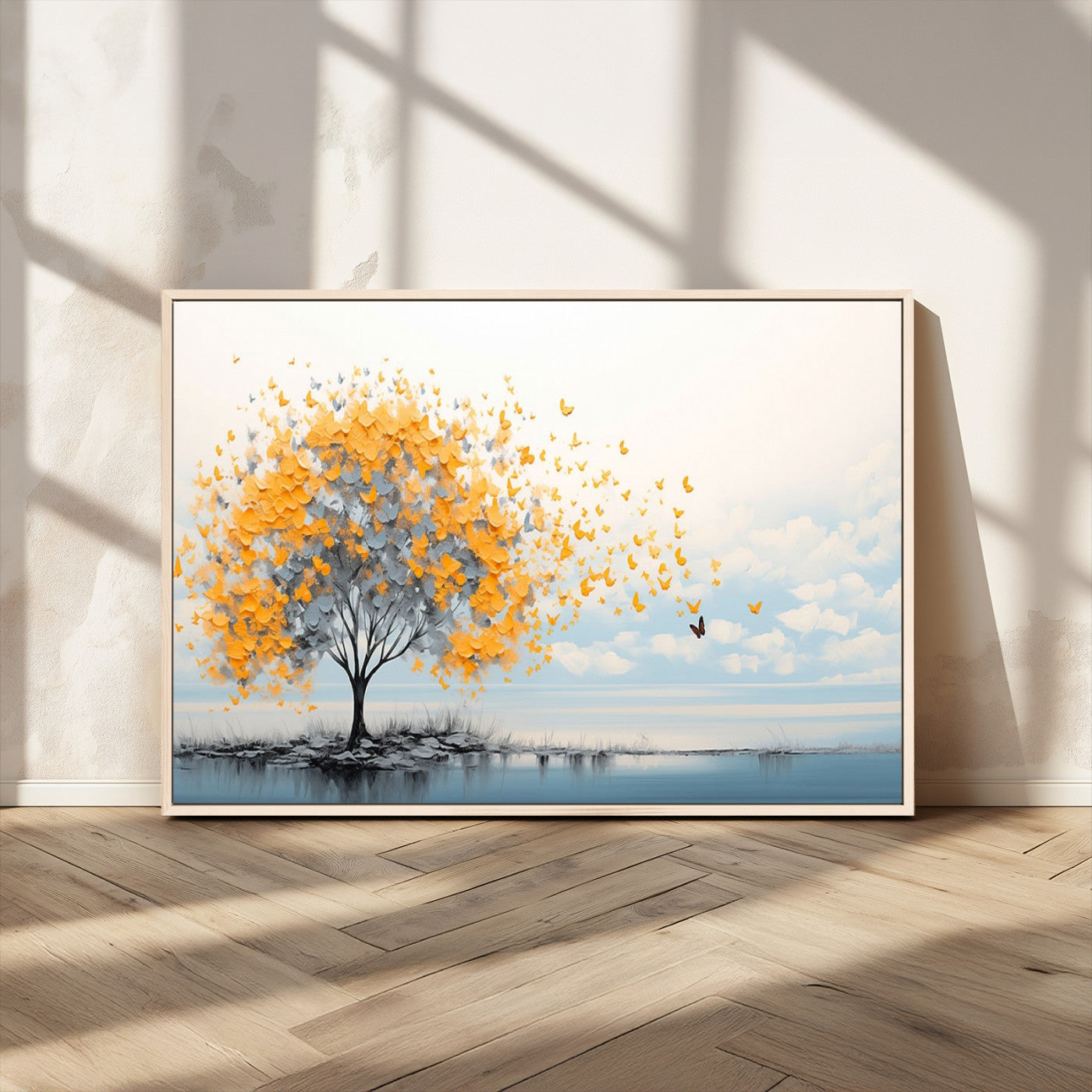 23385-MGV-CV-36X24-Golden Butterfly Tree Wall Art – Abstract Yellow and Gray Canvas Print, Modern Nature Artwork for Living Room, Bedroom or Office