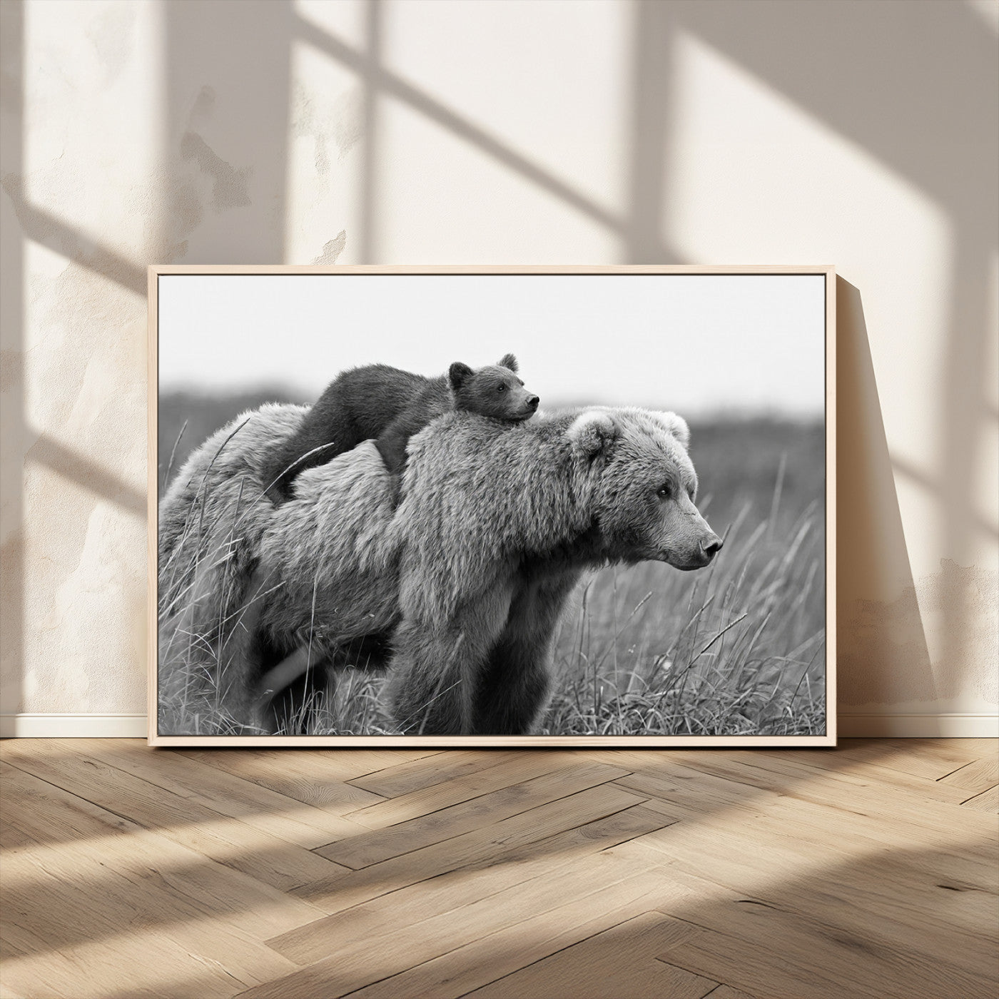 76338-MGV-CV-36X24-Mother Bear and Cub Wall Art – Black and White Wildlife Canvas Print, Rustic Nature Photography for Cabin, Living Room or Office