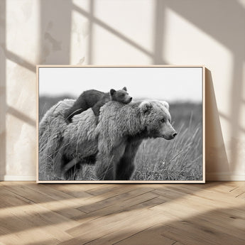 76338-MGV-CV-36X24-Mother Bear and Cub Wall Art – Black and White Wildlife Canvas Print, Rustic Nature Photography for Cabin, Living Room or Office