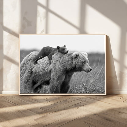 76338-MGV-CV-36X24-Mother Bear and Cub Wall Art – Black and White Wildlife Canvas Print, Rustic Nature Photography for Cabin, Living Room or Office