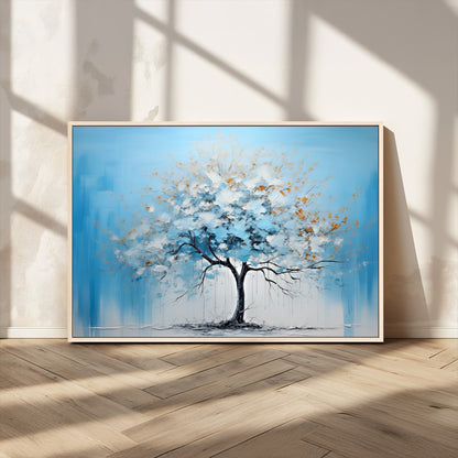 25021-MGV-CV-36X24-Abstract Tree Wall Art – Blue and White Canvas Painting with Gold Accents, Modern Nature-Inspired Artwork for Living Room, Bedroom