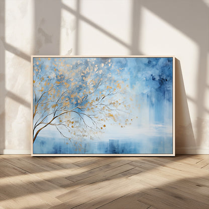 23891-MGV-CV-36X24-Abstract Tree Wall Art – Minimalist Blue and Gold Canvas Painting, Elegant Nature-Inspired Artwork for Living Room, Bedroom or