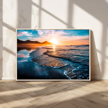 26494-MGV-CV-36X24-Ocean Sunset Wall Art – Scenic Beach Canvas Print with Waves and Mountains, Coastal Seascape Photography for Living Room, Bedroom