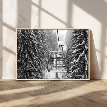 19240-MGV-CV-36X24-Ski Lift Wall Art – Black and White Winter Mountain Canvas Print, Snowy Forest Ski Resort Photography for Cabin, Lodge, Office or