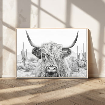 94579-MGV-CV-36X24-Highland Cow Wall Art – Black and White Longhorn Canvas Print, Rustic Western Farmhouse Animal Photography for Living Room,