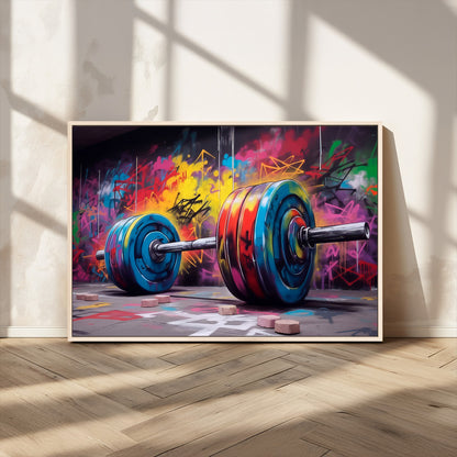 13549-MGV-FC-36X24_Natural-Graffiti Gym Wall Art Canvas Print, Framed Graffiti Barbell Art Picture Print, Weightlifting Perfect Fitness Studio Decor Artwork