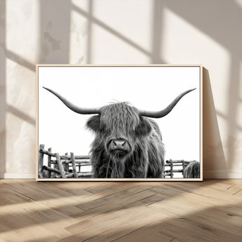 58188-MGV-CV-36X24-Highland Cow Wall Art – Black and White Rustic Farmhouse Canvas Print, Longhorn Cattle Photography Decor for Living Room or