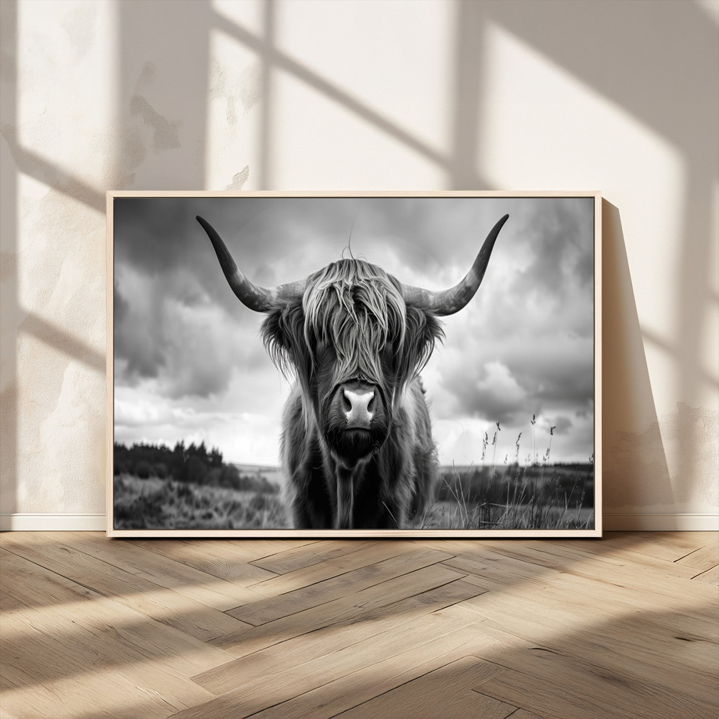 17924-MGV-CV-36X24-Highland Cow Wall Art – Black and White Rustic Longhorn Cattle Canvas Print, Farmhouse Animal Photography Decor for Country Home