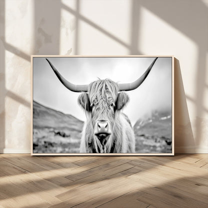 80564-MGV-CV-36X24-Highland Cow Wall Art – Black and White Scottish Highland Canvas Print, Rustic Farmhouse Decor for Living Room, Bedroom or Office