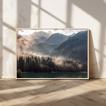 61116-MGV-CV-36X24-Misty Mountain Lake Wall Art – Tranquil Foggy Forest and Lake Canvas Print, Scenic Nature Landscape Decor for Living Room or