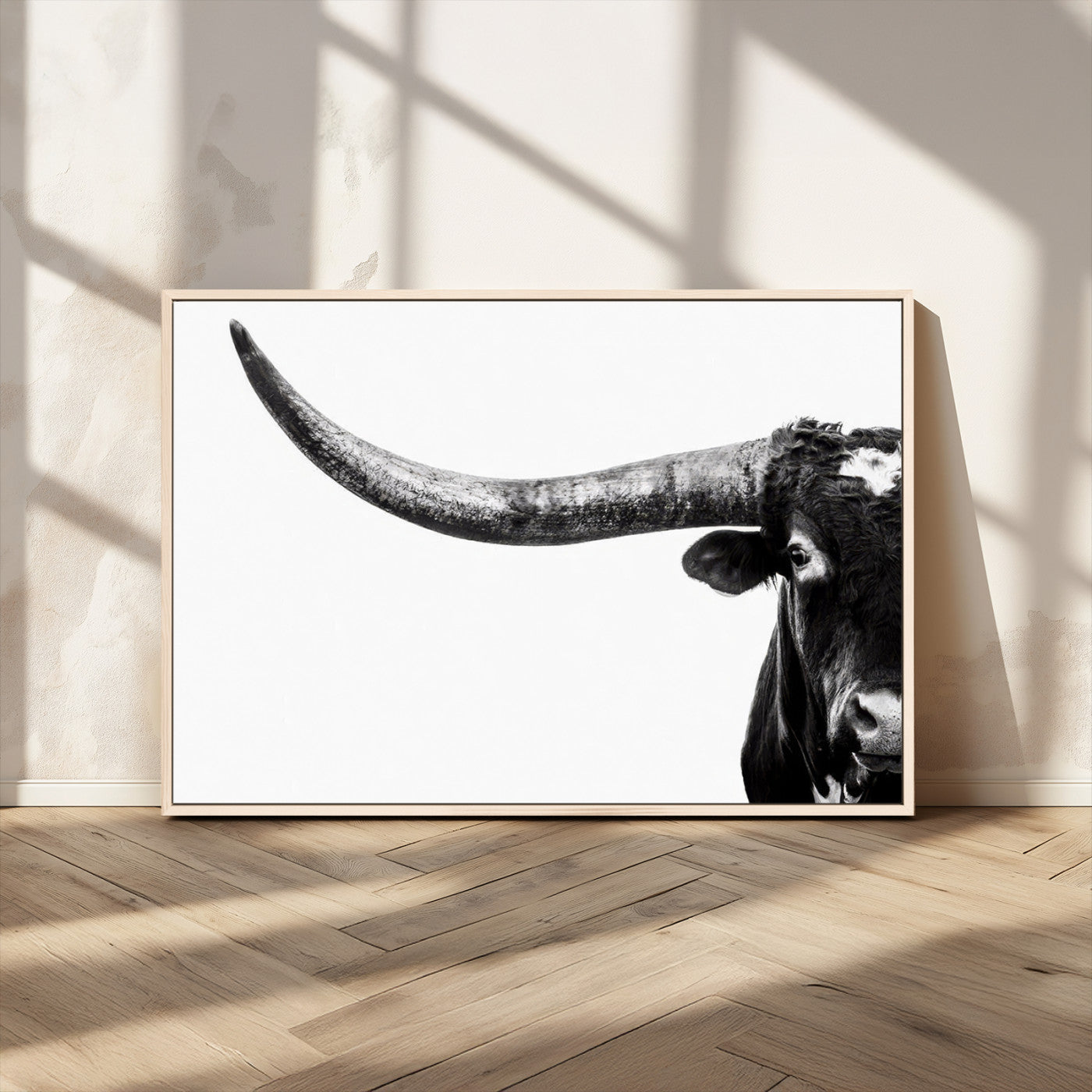 31699-MGV-FC-36X24_Natural-Longhorn Wall Art – Black and White Texas Longhorn Cow Canvas Print, Rustic Western Farmhouse Artwork for Living Room, Bedroom or