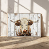 71551-MGV-CV-36X24-Longhorn Bull Wall Art – Rustic Western Cow Canvas Print, Farmhouse Animal Painting with Wood Plank Style for Living Room, Office